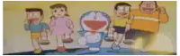 a group of cartoon characters standing next to each other on a blue surface holding hands .