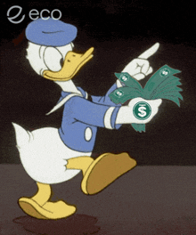 a cartoon of donald duck holding a bunch of money and pointing