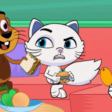 a cartoon cat is holding a sandwich in front of another cat