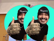 a man wearing a beanie with the word blizzard on it gives a thumbs up