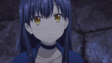 a girl with blue hair and yellow eyes covering her mouth with her hands