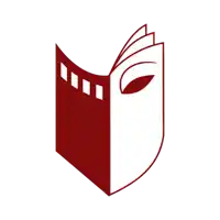 a red and white drawing of a book with a mask on it
