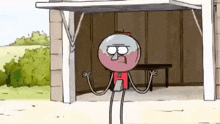 a cartoon character from regular show is standing in front of a garage .