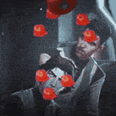 a painting of two men with red apples on their face