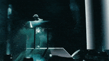 a person playing a keyboard on a stage with a pyramid in the background