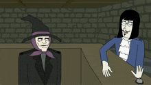 a cartoon of a witch and a man with the word din written on the bottom