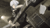 a girl with white hair is playing a bass guitar in a dark room