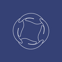 a blue background with a circle of hands holding a ball