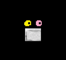 a black and white photo of a skull with a yellow and pink pixel face above it
