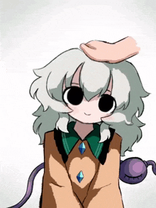 a hand is petting the head of a girl with white hair and black eyes