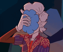 a cartoon of a man covering his face with a blue pillow