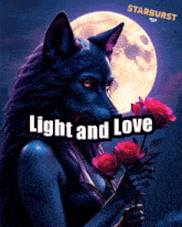 a picture of a woman with a wolf 's face holding roses with the words light and love below it