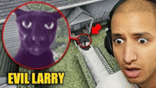 a man wearing headphones is standing in front of a house with a purple cat in the background .
