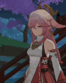 a girl with pink hair is wearing a white and red dress