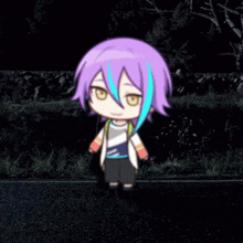 a cartoon character with purple hair and blue streaks is laying on his back in a dark room .