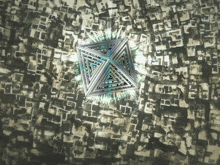 a triangle shaped object is surrounded by a pattern of buildings