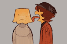 a cartoon character with a bag on his head is sticking his tongue out at another person .