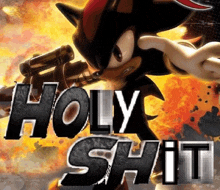 shadow the hedgehog holding a gun with the words holy shit behind him