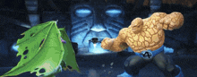 a cartoon of the thing and a dragon fighting