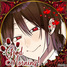 a picture of a girl with red eyes and the words " good morning "