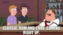 peter griffin from family guy is sitting at a bar with two men .