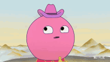 a pink cartoon character wearing a cowboy hat and a crown with the word netflix below it