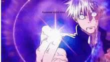 a cartoon of a man holding a light in his hand and a purple background .