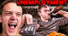 a man is holding a remote control and drinking beer while another man is sitting on a couch eating chips .