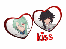 a couple of heart shaped frames with the word kiss on the bottom