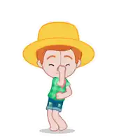 a cartoon boy wearing a yellow hat is covering his nose
