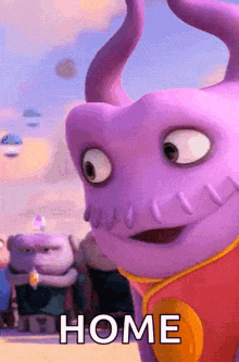 a purple cartoon character with horns and the word home below him