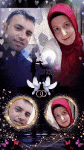 a man and a woman are posing for a picture with a dove and wedding rings in the background