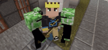 a minecraft character with a crown on his head holding a creeper