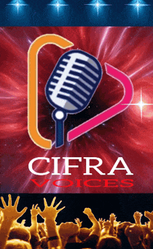 a poster for cifra voices shows a microphone and a crowd