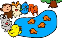 a group of animals are standing around a pond with ducklings