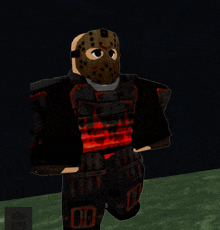 a cartoon character wearing a jason voorhees mask and black and red armor