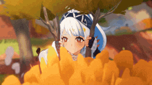 a girl with white hair is holding a tree branch in her hands