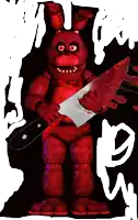 a red bunny is holding a bloody knife in front of a white letter w