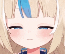 a close up of a anime girl with blonde hair and blue eyes making a face .