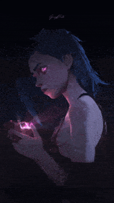 a drawing of a girl with blue hair and a pink eye