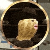 a woman with a peanut on her face is wearing a hat and glasses .