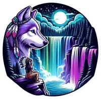 an illustration of a waterfall with a wolf and a native american