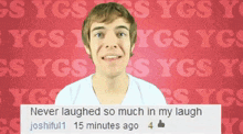 a young man is smiling in front of a red background that says ygs ygs ygs