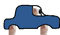 a cartoon drawing of a blue car with a steering wheel