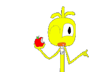 a yellow cartoon character is holding an apple with a bite taken out of it and has a shirt that says let 's eat