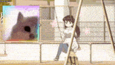 a girl is sitting on a swing with a picture of a dog behind her .