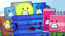 a group of cartoon characters including a cell phone and a cake
