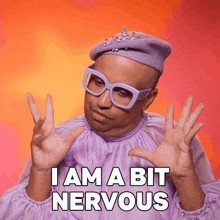 a man wearing glasses and a purple shirt with the words i am a bit nervous