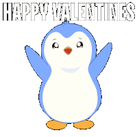 a blue and white penguin is standing in front of a pink heart with the words happy valentines written on it