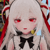 a girl with white hair and red eyes has a bow on her neck